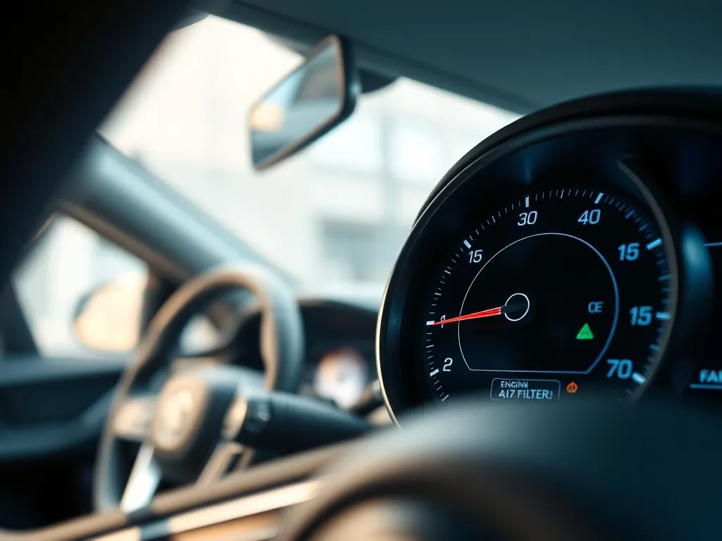 Zbliżenie na ekran diagnostyczny auta z kolorowym wskaźnikiem DPF na tle rozmytego, nowoczesnego wnętrza samochodu.