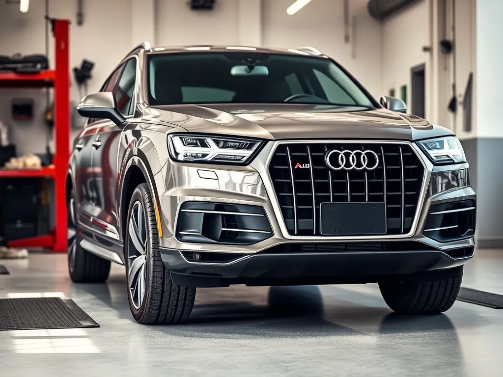 SUV klasy Audi Q7 w warsztacie na podnośniku, widok na przód auta podczas przeglądu i możliwych napraw