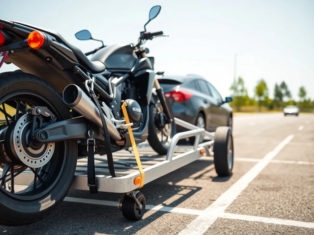Motocykl solidnie przypięty pasami na przyczepie samochodowej, z klinami pod kołami, gotowy do bezpiecznego transportu.