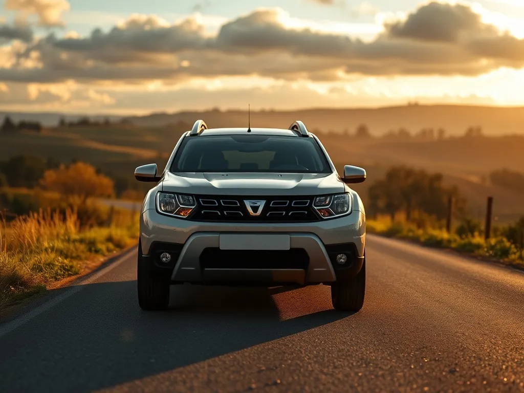Dacia Duster na wiejskiej drodze o złotej godzinie, podkreślająca kompaktowy SUV jako praktyczny, codzienny samochód rodzinny