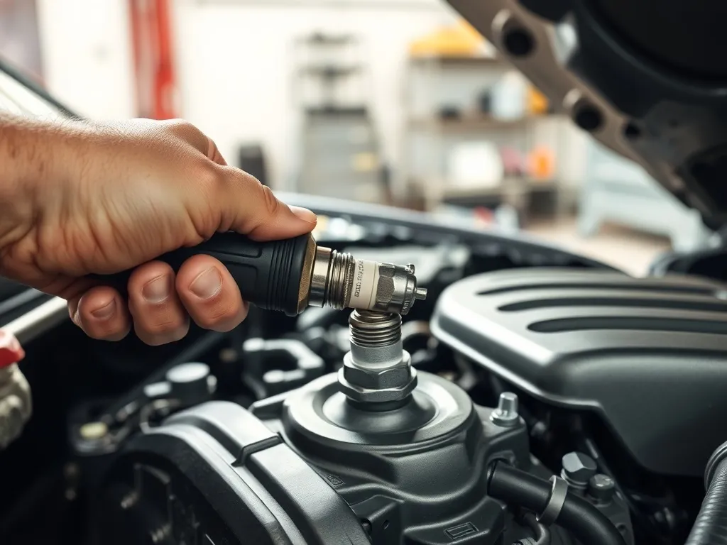 Mechanik dokręca świecę zapłonową kluczem dynamometrycznym w czystym silniku, podkreślenie właściwego momentu dokręcania