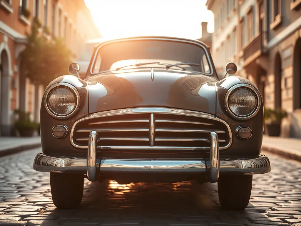 Zadbane auto zabytkowe na brukowanej ulicy starego miasta, podkreślające klasyczne detale i nostalgiczny charakter pojazdu.
