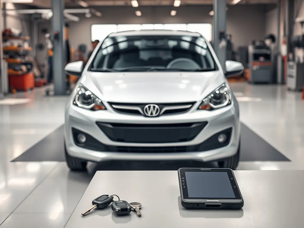 Srebrny Opel Corsa E w warsztacie, na stole obok leżą kluczyki i tablet diagnostyczny, spokojna techniczna scena.