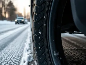Samochód na poboczu z podniesionym lewarkiem, wymienianą przebitą oponą i przygotowanym do użycia kluczem do kół.