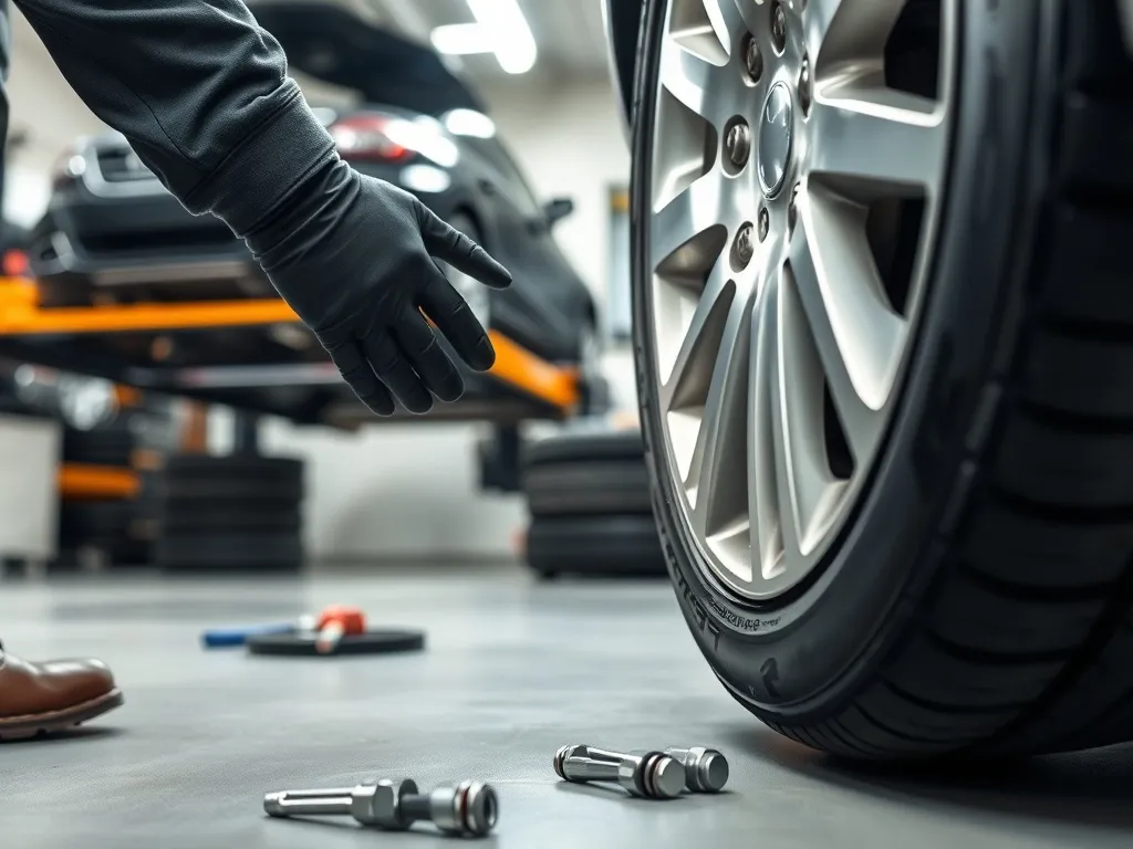 Mechanik w rękawicach wymienia oponę na srebrnej feldze aluminiowej w warsztacie, obok narzędzia i auto na podnośniku.