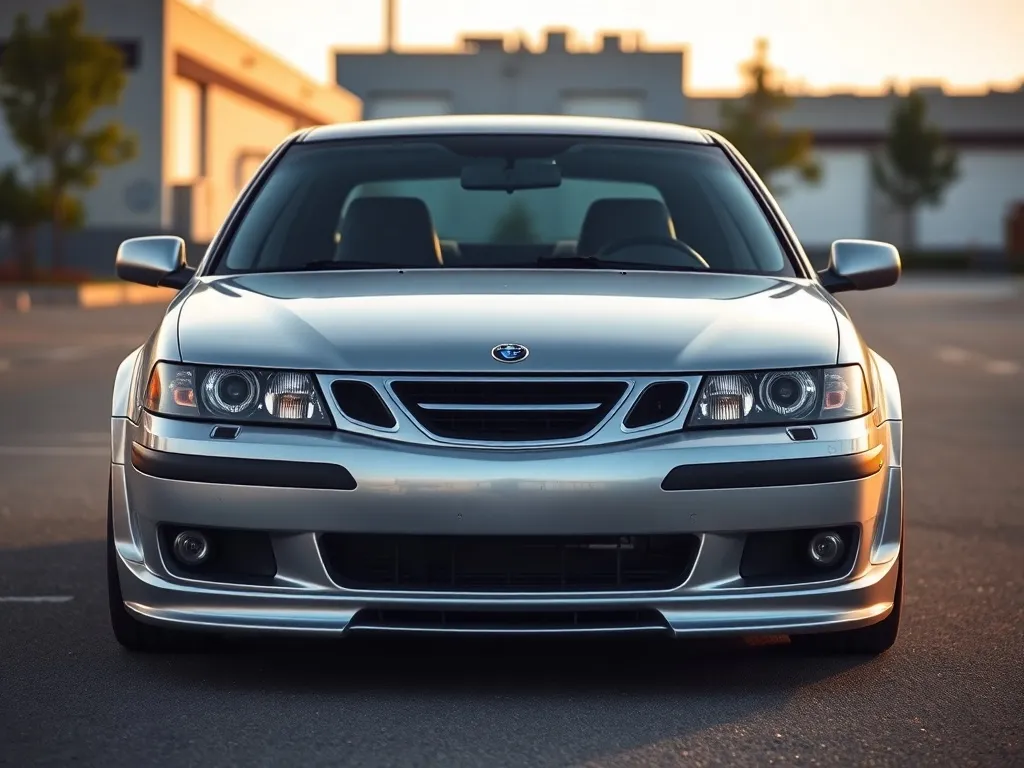 Srebrny Saab 9-3 z prostym sportowym body kitem, eksponujący zmieniony zderzak, dokładkę i progi na czystym asfalcie.