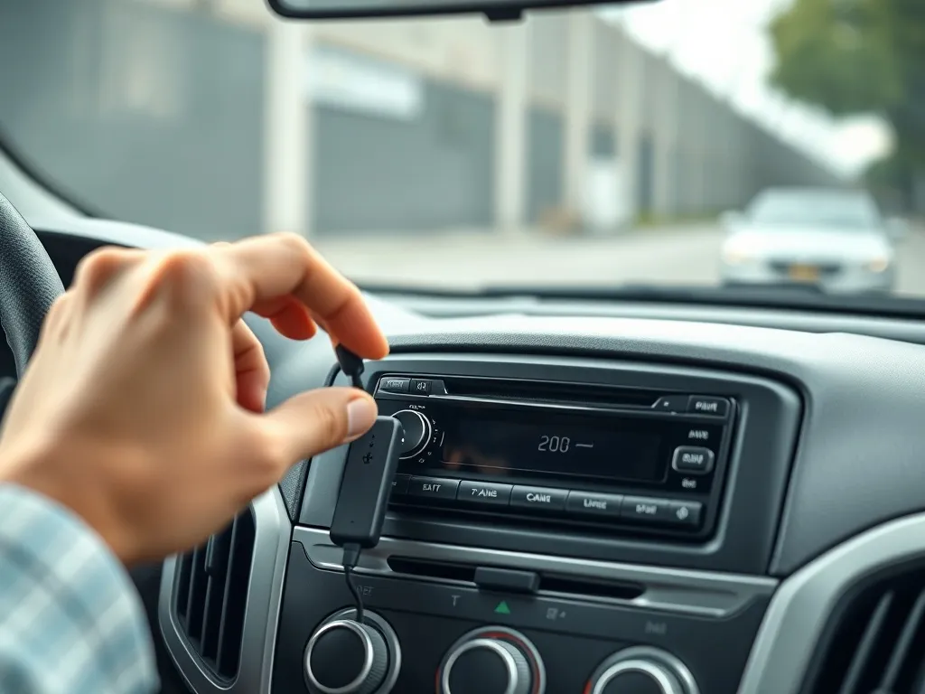 Ręka kierowcy podłącza adapter Bluetooth do gniazda AUX w prostym radiu samochodowym na desce rozdzielczej.