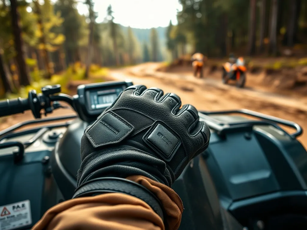 Rękawice na quada leżące na siedzeniu quada, z wyeksponowanymi wzmocnieniami, w tle rozmyty leśny teren off-roadowy.