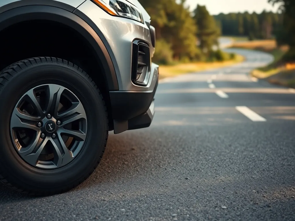 Nowoczesny SUV na drodze wiejskiej, zbliżenie na przednie koła i bieżnik opon odpowiednich do jazdy 4x4.