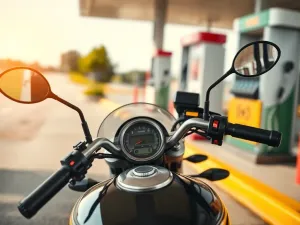 Motocykl 125 cm³ tankowany na stacji benzynowej, w tle dystrybutor i droga, podkreślenie spalania i kosztów jazdy