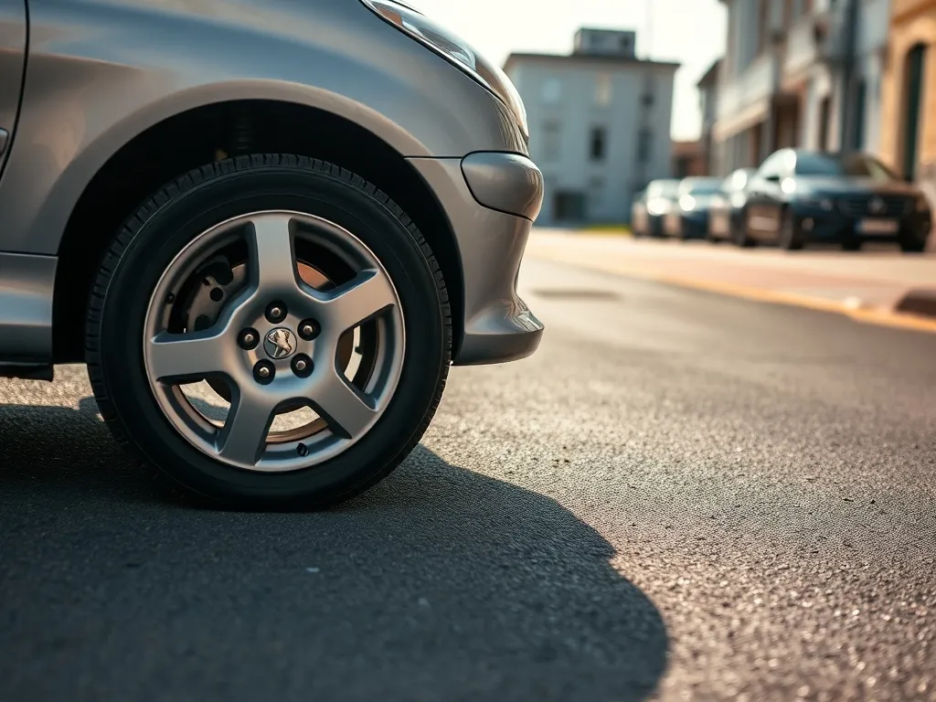 Srebrny Peugeot 206 zaparkowany na asfaltowej drodze, z wyeksponowaną przednią oponą o wyraźnym bieżniku.