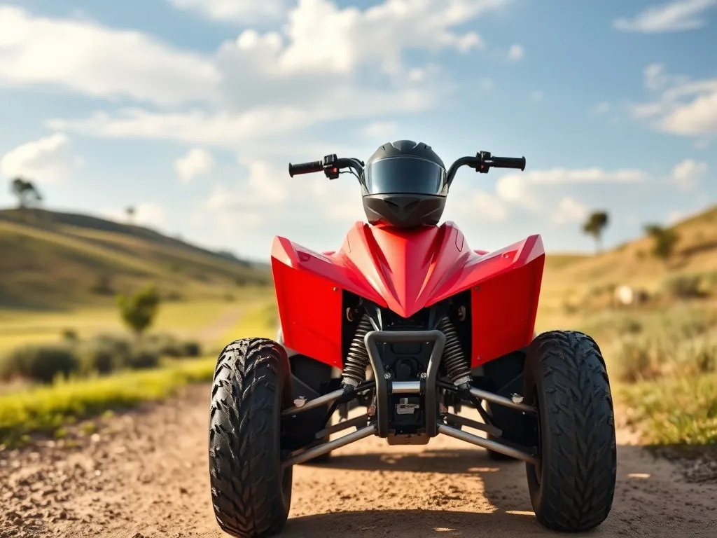 Czerwony quad z kaskiem na kierownicy stoi na polnej drodze w słoneczny dzień, sugerując jazdę terenową i potrzebne uprawnienia.
