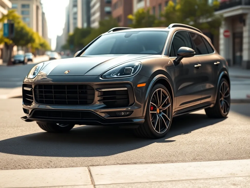 Porsche Cayenne z agresywnym body kittem z przodu, podkreślone zderzak, progi i większe felgi na tle miasta