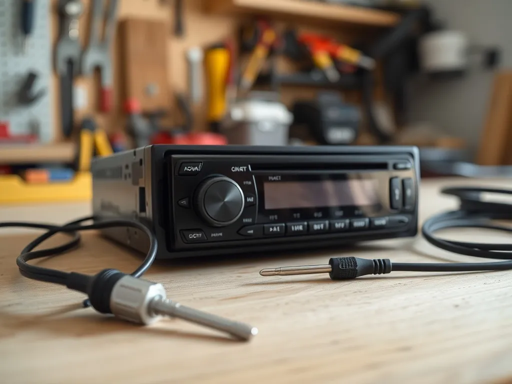 Proste radio samochodowe na stole warsztatowym z narzędziami, gotowe do przeróbki na wzmacniacz audio