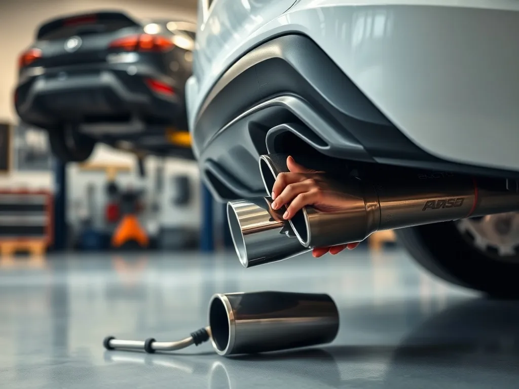 Mechanik montuje tłumik na tylnym wydechu auta, obok leżą elementy wygłuszające w uporządkowanym warsztacie.