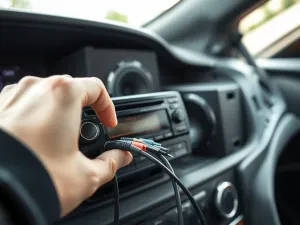 Dłoń podłączająca przewody głośnikowe do radia samochodowego, w tle subwoofer w bagażniku, prosty montaż bez chinch.