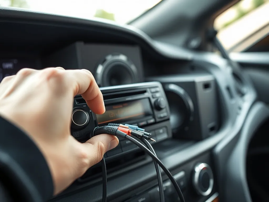 Dłoń podłączająca przewody głośnikowe do radia samochodowego, w tle subwoofer w bagażniku, prosty montaż bez chinch.