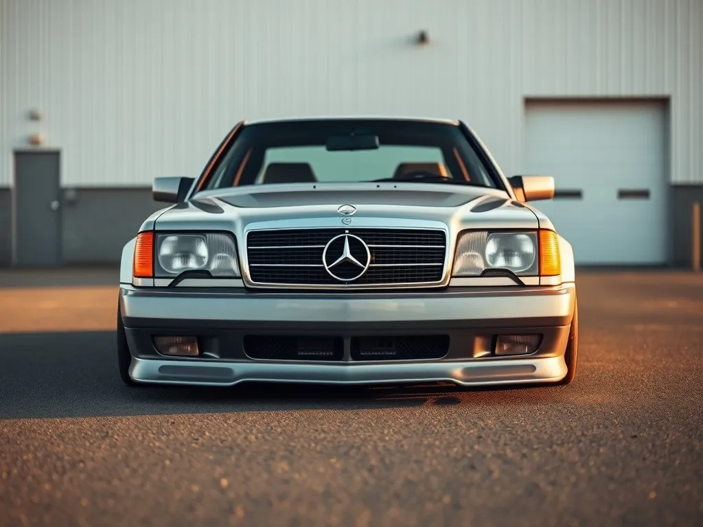 Mercedes W124 z pakietem tuningowym: obniżone zawieszenie, sportowy zderzak i progi, zaparkowany przed nowoczesnym warsztatem
