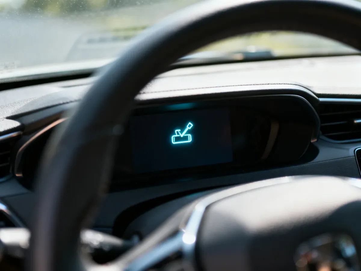Świecąca ikona „check engine” na desce rozdzielczej samochodu, sygnalizująca potrzebę kontroli technicznej pojazdu.
