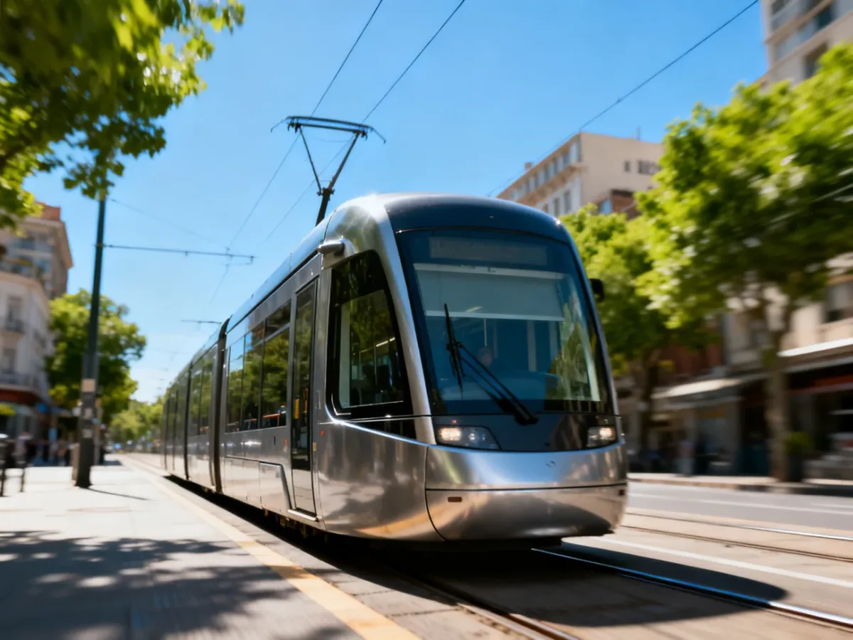 Nowoczesny tramwaj elektryczny poruszający się po miejskich torach w słoneczny dzień.
