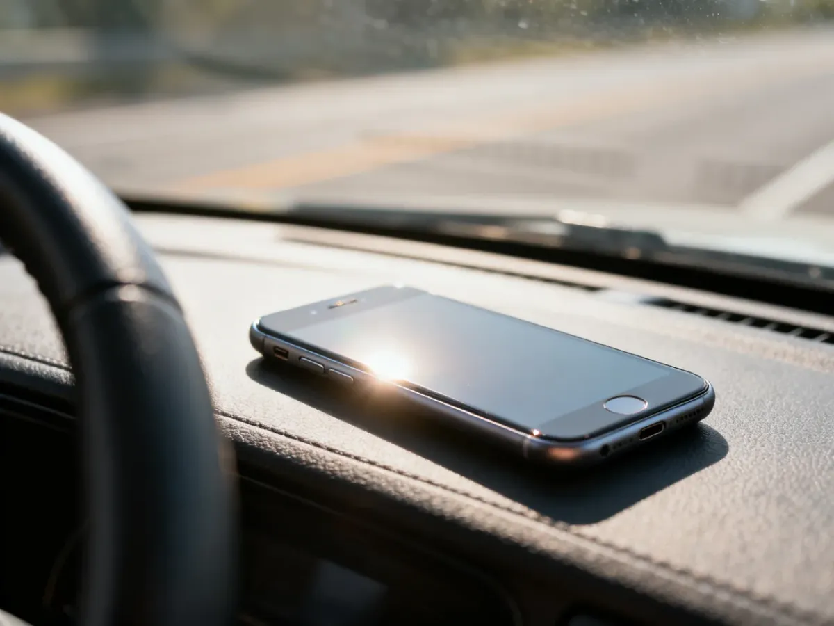 Smartfon leżący na desce rozdzielczej samochodu, przypominający o zagrożeniach związanych z używaniem telefonu za kierownicą.
