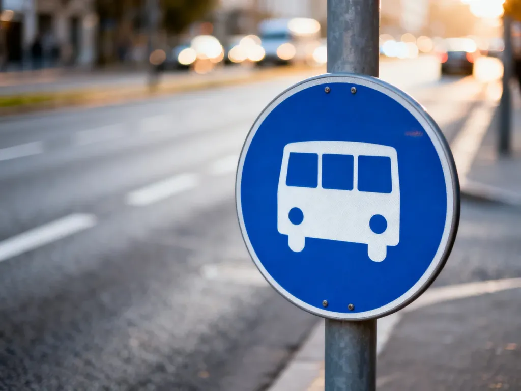Znak drogowy wyznaczający pas dla autobusów na tle miejskiej ulicy.