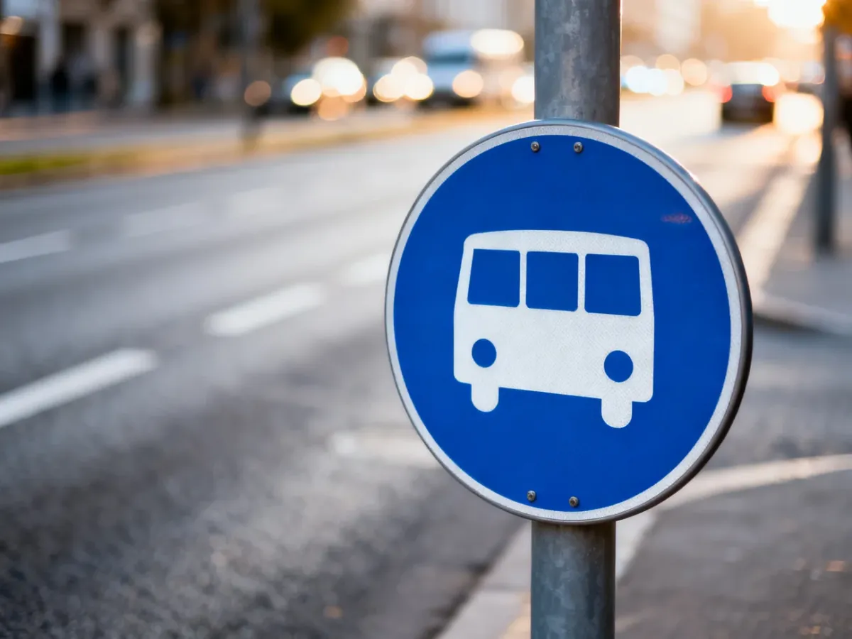 Znak drogowy wyznaczający pas dla autobusów na tle miejskiej ulicy.