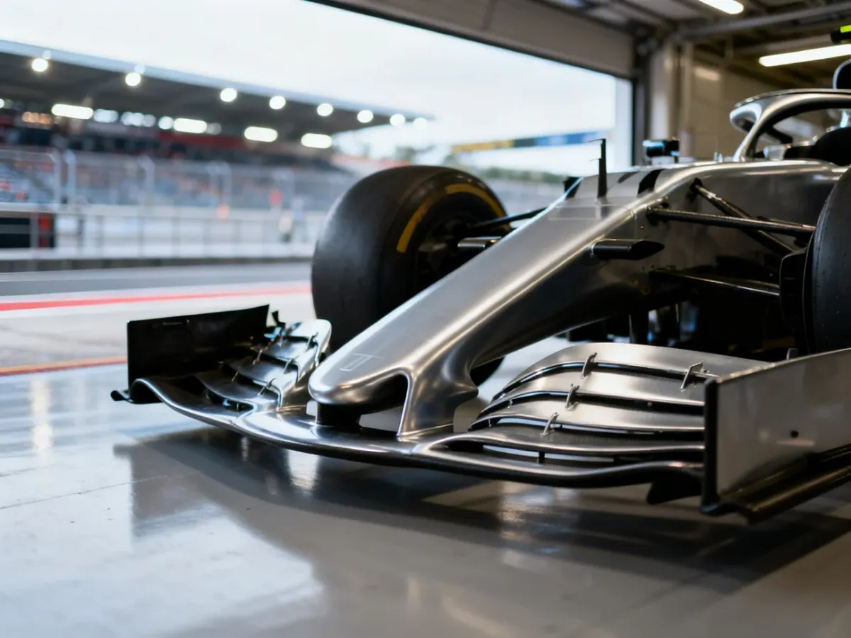 Zbliżenie na przednie skrzydło i nos bolidu Formuły 1 w profesjonalnym garażu, podkreślające aerodynamiczną konstrukcję.